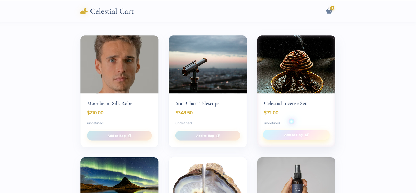 Celestial Cart: Ethereal E-commerce UI with Magnetic Aura Pull & GSAP Animations